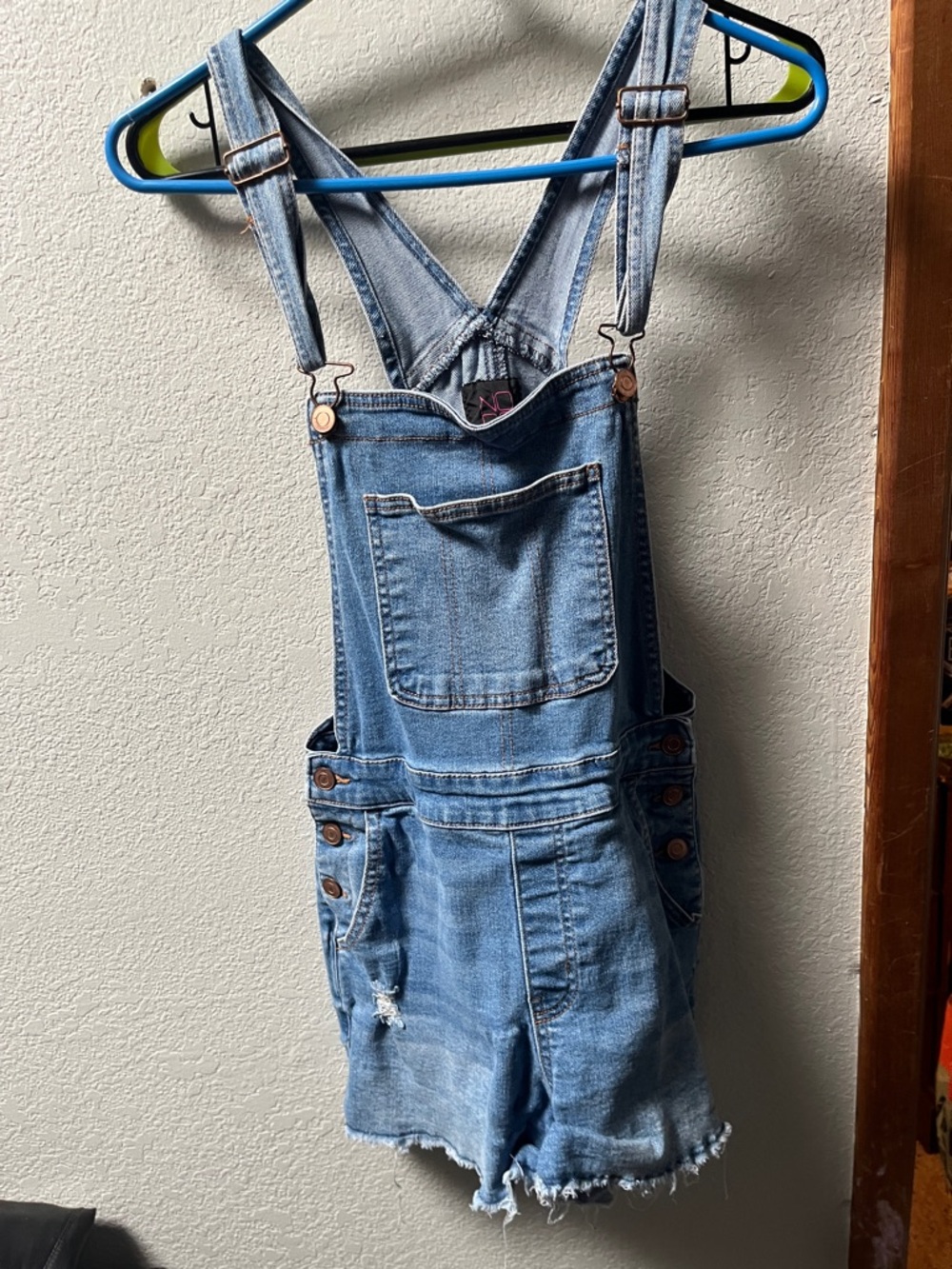 No Boundaries Light Blue Denim Overalls with Pink Logo